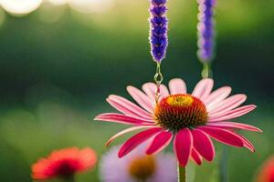 een roze bloem met Purper bloemblaadjes en een groen achtergrond. ai-gegenereerd foto