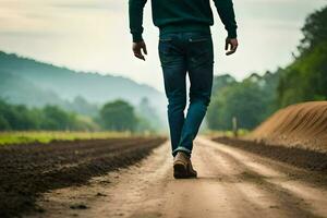 een Mens wandelen naar beneden een aarde weg. ai-gegenereerd foto