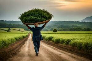 een Mens draag- een mand van planten Aan zijn hoofd. ai-gegenereerd foto