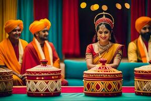 een bruid in Indisch kleding met haar man en vrienden. ai-gegenereerd foto