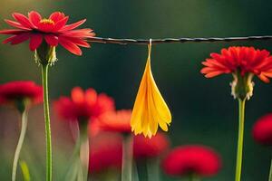 rood bloemen en geel bloem Aan een draad. ai-gegenereerd foto