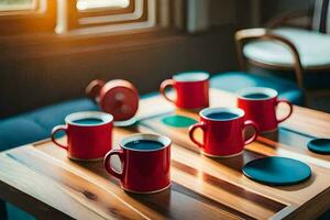 rood koffie cups Aan een houten tafel. ai-gegenereerd foto