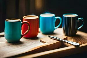 drie kleurrijk koffie mokken Aan een houten dienblad. ai-gegenereerd foto