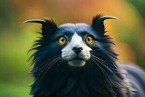 een zwart kat met geel ogen. ai-gegenereerd foto