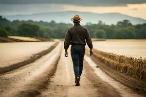 een Mens wandelen naar beneden een aarde weg in een veld. ai-gegenereerd foto