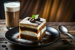 een plak van tiramisu Aan een bord met een glas van koffie. ai-gegenereerd foto