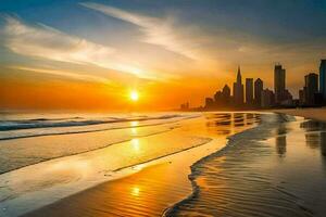 de zon sets over- de stad horizon in dubai. ai-gegenereerd foto