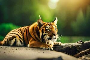 een tijger houdende Aan de grond in de zon. ai-gegenereerd foto