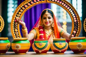 een vrouw in traditioneel Indisch jurk is Holding een pot. ai-gegenereerd foto