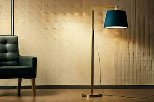 een modern lamp met een blauw schaduw Aan de vloer. ai-gegenereerd foto