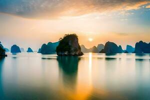 de zon sets over- de water in Halong baai, Vietnam. ai-gegenereerd foto