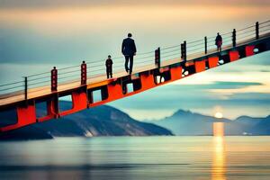 een Mens wandelen aan de overkant een brug over- water. ai-gegenereerd foto