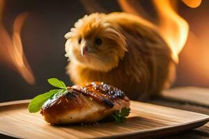 een kip is zittend Aan een bord met een stuk van vlees. ai-gegenereerd foto