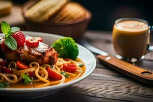 een bord van voedsel met pasta en vlees Aan een houten tafel. ai-gegenereerd foto