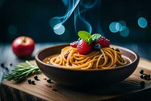 spaghetti met bessen en kruiden in een schaal. ai-gegenereerd foto