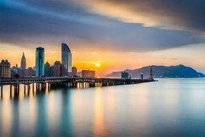 de zon sets over- de stad horizon in hong kong. ai-gegenereerd foto