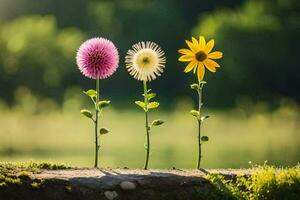 drie bloemen zijn groeit uit van een steen. ai-gegenereerd foto