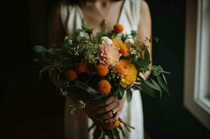 vrouw hand- Holding bloem bundel boeket. genereren ai foto