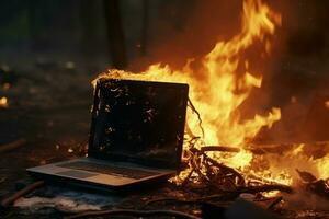 gevaarlijk brandend laptop tafel. genereren ai foto