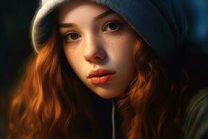 portret van een mooi tiener- meisje met lang bruin golvend haar- en bruin ogen ai gegenereerd foto