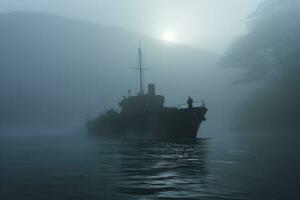 nevelig verschijning van een fantoom schip opkomend van een mistig zeegezicht foto