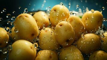 rustiek van boer tot bord stijlvol, ondersteboven visie naadloos achtergrond van vers geoogst aardappelen met glinsterend water druppels Aan hun kakelvers schoffelt, ai generatief foto