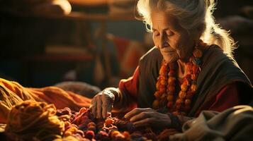 modern traditioneel erfgoed ambacht, detailopname van ouderen Indisch vrouw breiwerk traditioneel kleding stof in middag licht - omarmen kunst en cultureel erfenis, ai generatief foto