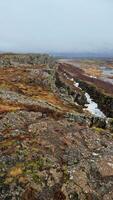 rotsachtig kliffen IJslands wildernis in nationaal park, majestueus natuurlijk landschap met enorm rots formaties binnen wandelen vallei. spectaculair nordic landschap met steen berg muur heuvels. foto