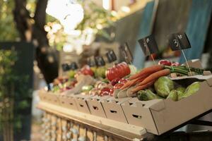 kleurrijk biologisch fruit en groenten Aan boeren markt stellage, leeg lokaal klein bedrijf winkel. gezond gegroeid natuurlijk produceren Aan balie, voedsel markt met prijs tags en bio producten. dichtbij omhoog. foto