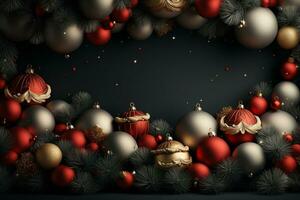ai generatief Kerstmis banier met kopiëren ruimte voor tekst, de kerstman claus vieren met geschenkdozen, Spar boom takken en rood ornamenten, donker kleur achtergrond foto