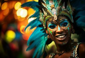 ai generatief een levendig verzameling van afbeeldingen vastleggen de energie en opwinding van Brazilië carnaval en samba cultuur van kleurrijk kostuums en maskers foto