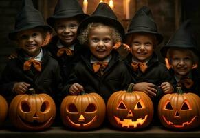 ai generatief groep van kinderen in formeel kleding zittend Aan trap met halloween pompoenen foto