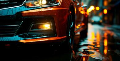 modern sport- auto, koplampen Aan Bij nacht - ai gegenereerd beeld foto