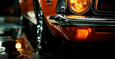wijnoogst Amerikaans klassiek auto, koplampen gloeiend Bij nacht - ai gegenereerd beeld foto