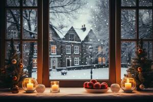 venster visie van een vredig besneeuwd straat gevulde met Kerstmis warmte foto