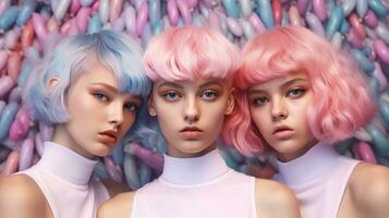 drie modern futuristische kort haar- jong Dames Aan pastel achtergrond, gemaakt met generatief ai foto