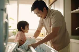 vader en zoon aan het doen wasserij samen naar laden de het wassen machine met vuil kleren foto