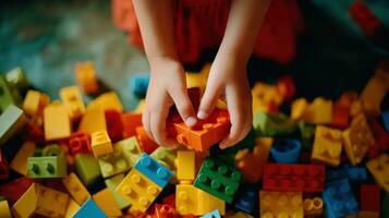 een jong kind handen spelen met van kleurrijk gebouw blokken foto