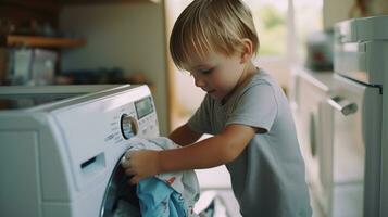 vader en zoon aan het doen wasserij samen naar laden de het wassen machine met vuil kleren foto