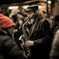 musicus Toneelstukken de saxofoon Aan de straat tussen een menigte van mensen foto