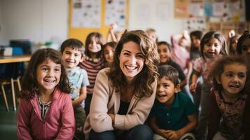 een vreugdevol tafereel glimlachen kinderen en leraar in een klas foto