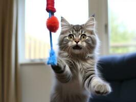 ondeugend katje speels meppen Bij een bungelend speelgoed- ai generatief foto