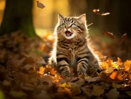 speels kat batting Bij vallend herfst bladeren in een zonovergoten tuin ai generatief foto