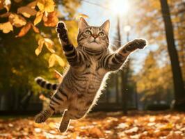 speels kat batting Bij vallend herfst bladeren in een zonovergoten tuin ai generatief foto