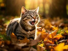 speels kat batting Bij vallend herfst bladeren in een zonovergoten tuin ai generatief foto