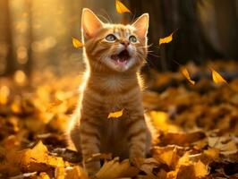 speels kat batting Bij vallend herfst bladeren in een zonovergoten tuin ai generatief foto