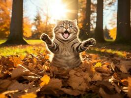 speels kat batting Bij vallend herfst bladeren in een zonovergoten tuin ai generatief foto