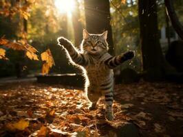 speels kat batting Bij vallend herfst bladeren in een zonovergoten tuin ai generatief foto