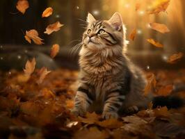 speels kat batting Bij vallend herfst bladeren in een zonovergoten tuin ai generatief foto