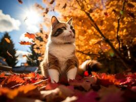 speels kat batting Bij vallend herfst bladeren in een zonovergoten tuin ai generatief foto